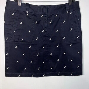 Nautica, 10, black sateen finish mini A-line skirt with white sailboats